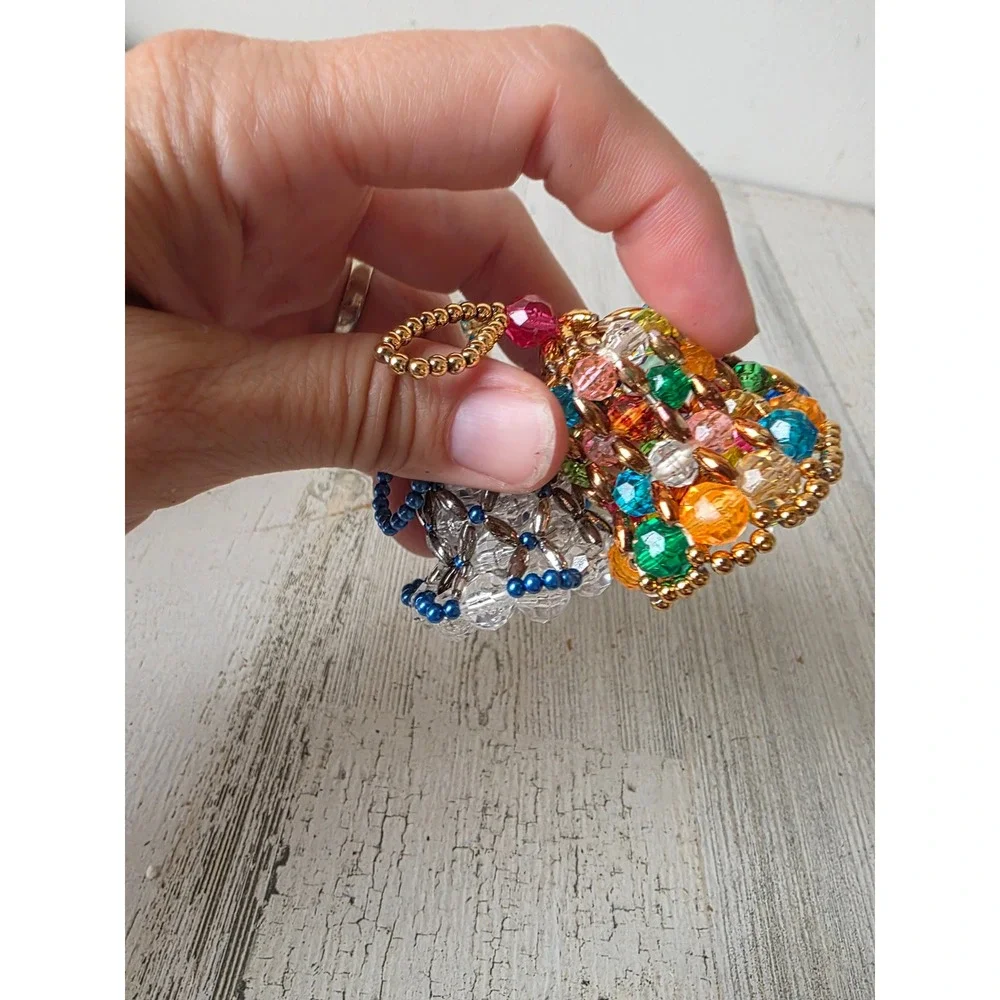 Vintage beaded Bell ornament blue rainbow green pearl Xmas tree set